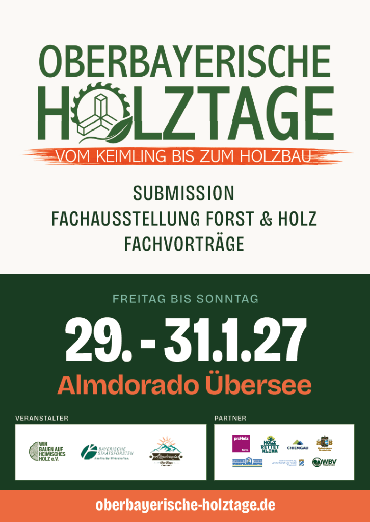 Plakat Oberbayerische Holztage 2027 – 29. bis 31. Januar 2027 im Almdorado Übersee